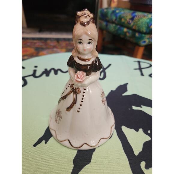 Victorian Bell Girl with Rose flower Brown Cream Glazed Porcelain Vintage - Picture 1 of 7